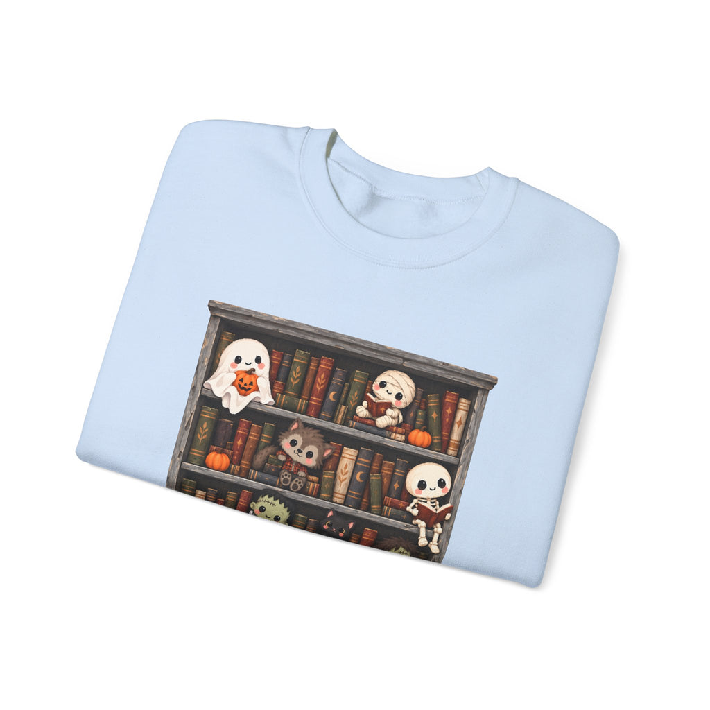 Cute Halloween Bookcase Crewneck Sweatshirt | Spooky Shelf Characters