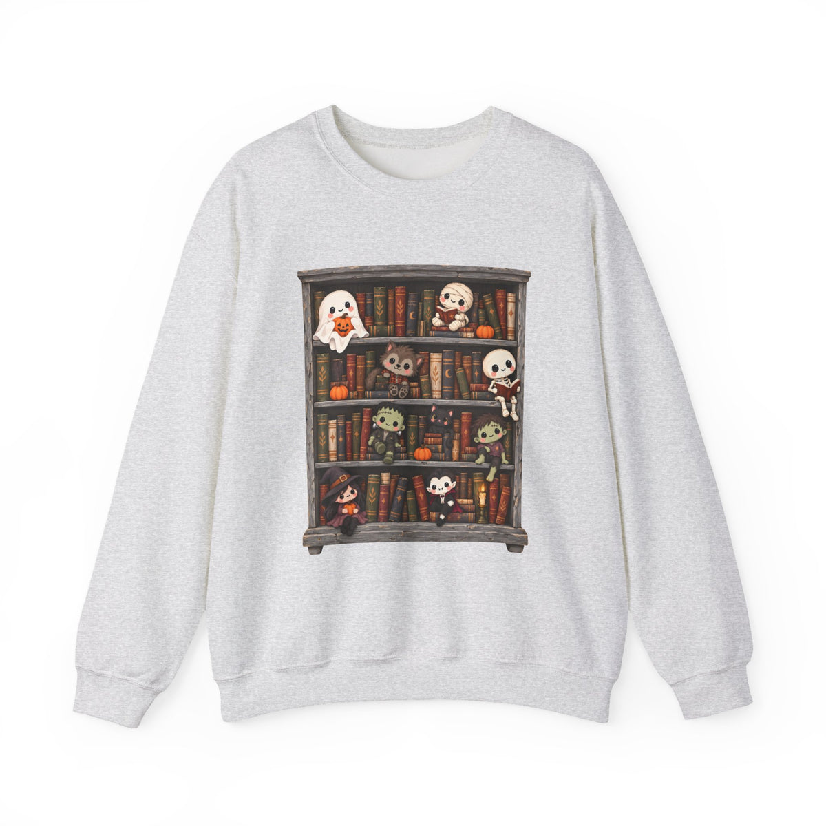 Cute Halloween Bookcase Crewneck Sweatshirt | Spooky Shelf Characters