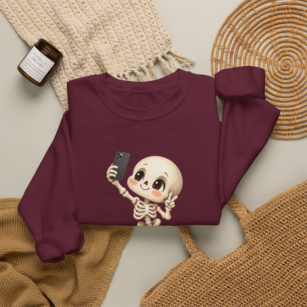 Cute Selfie Skeleton Sweatshirt | Kawaii Skull Cartoon Crewneck