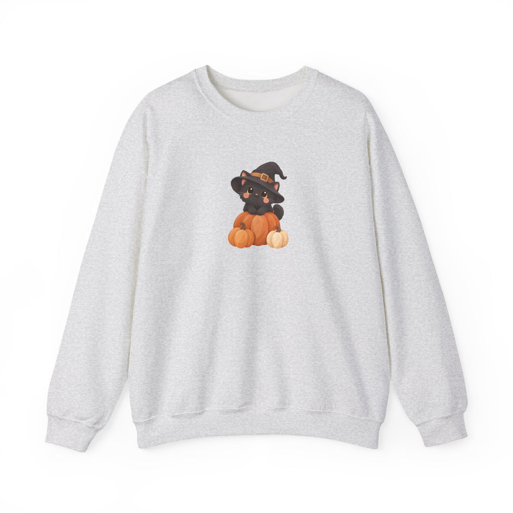 Black Kitten in Witch Hat Pumpkin Sweatshirt | Halloween Cat Crewneck