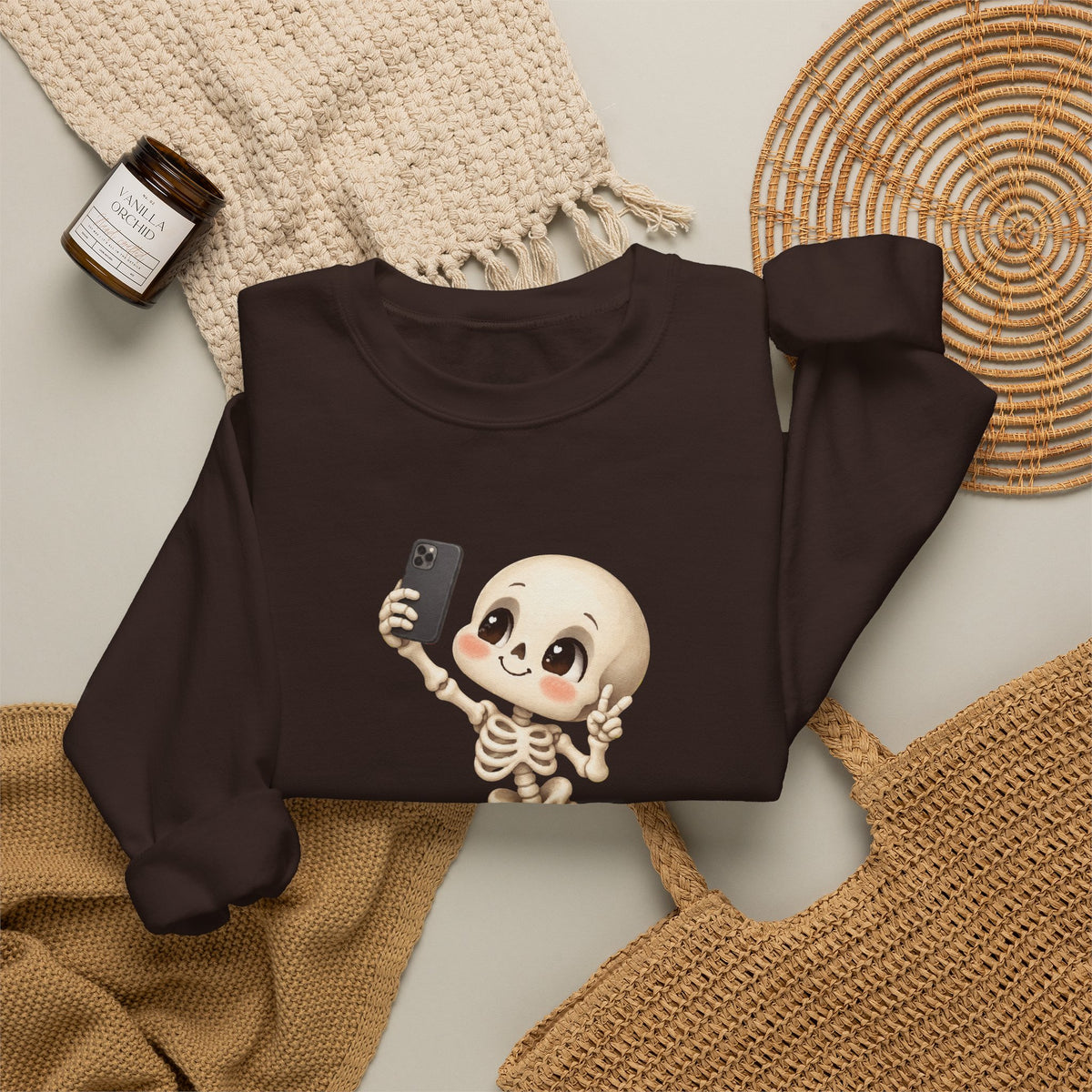 Cute Selfie Skeleton Sweatshirt | Kawaii Skull Cartoon Crewneck