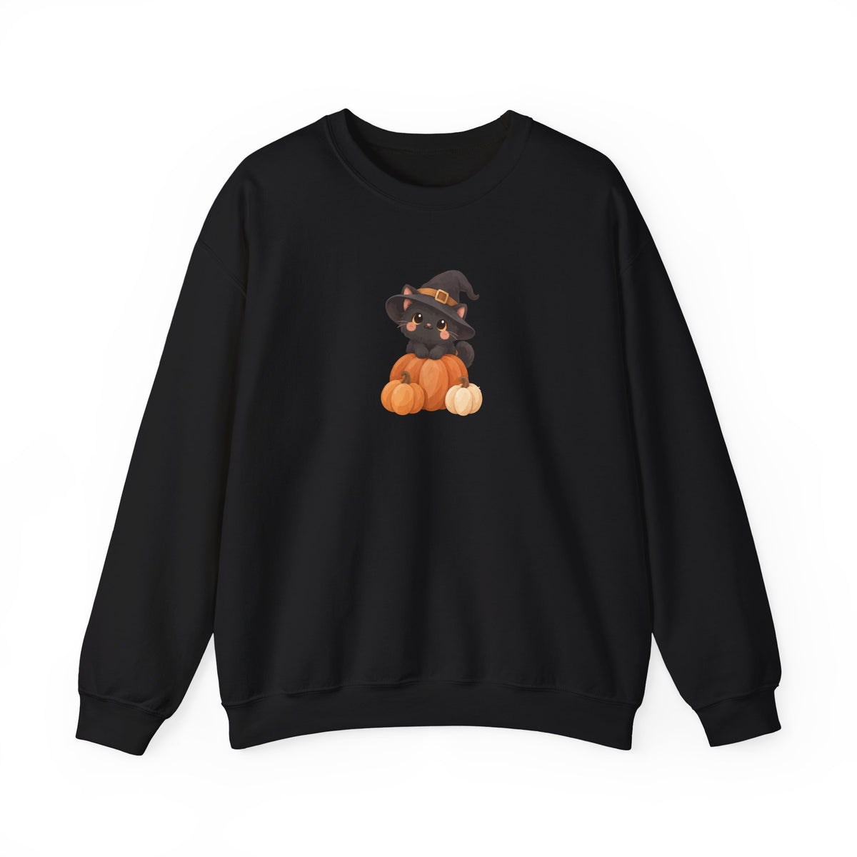 Black Kitten in Witch Hat Pumpkin Sweatshirt | Halloween Cat Crewneck