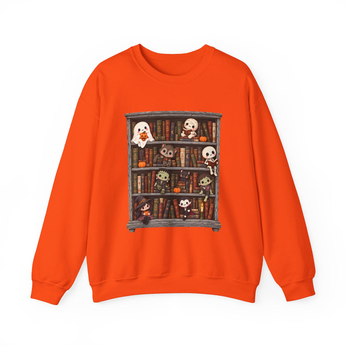 Cute Halloween Bookcase Crewneck Sweatshirt | Spooky Shelf Characters