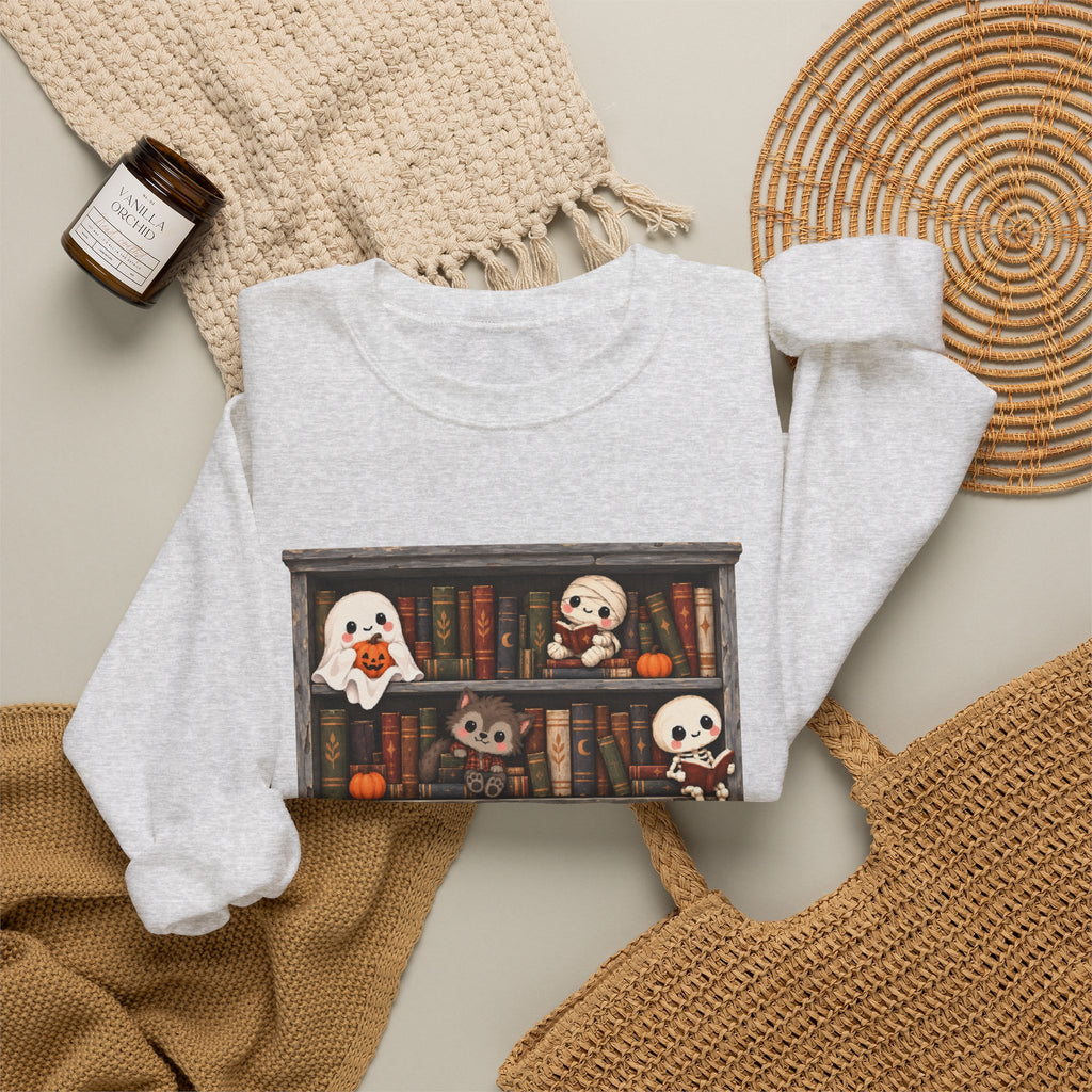 Cute Halloween Bookcase Crewneck Sweatshirt | Spooky Shelf Characters