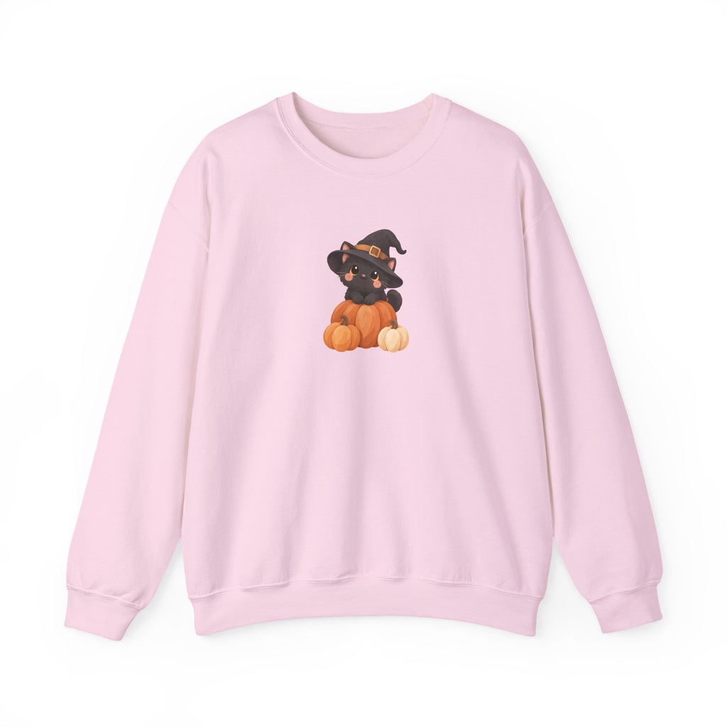 Black Kitten in Witch Hat Pumpkin Sweatshirt | Halloween Cat Crewneck