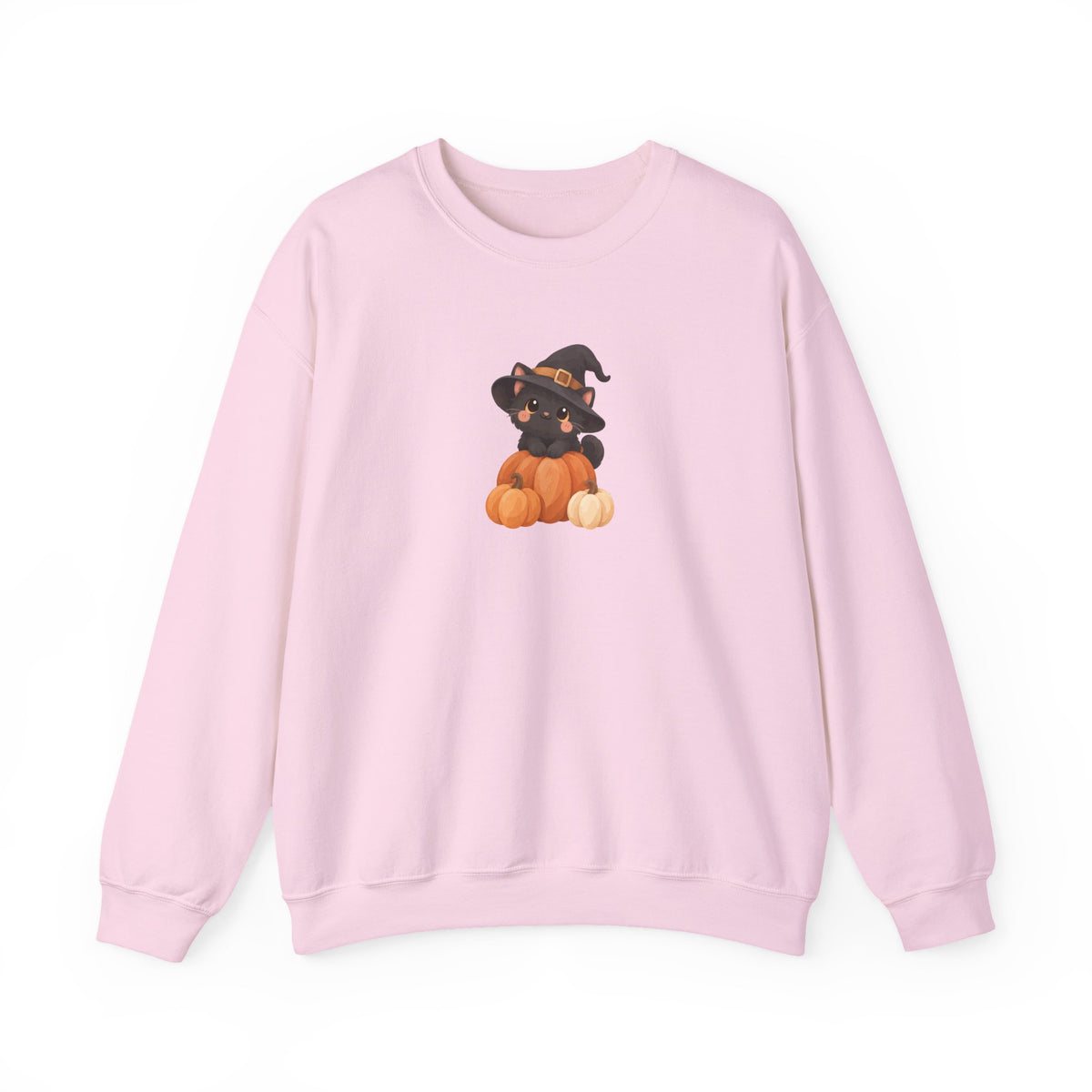 Black Kitten in Witch Hat Pumpkin Sweatshirt | Halloween Cat Crewneck