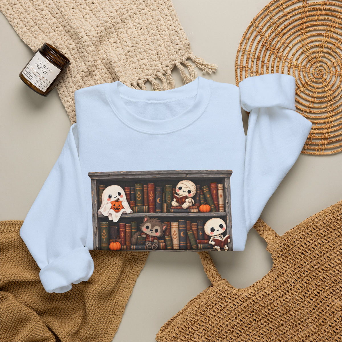 Cute Halloween Bookcase Crewneck Sweatshirt | Spooky Shelf Characters