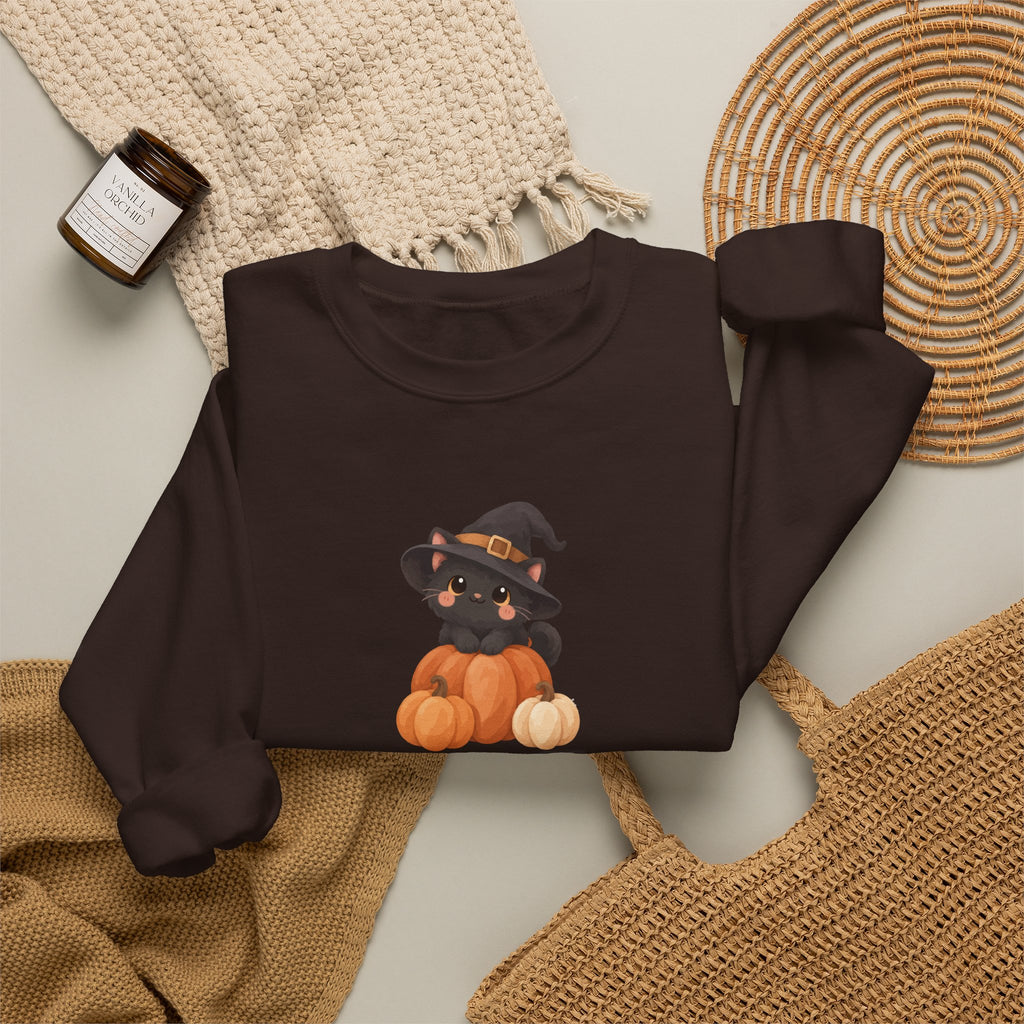 Black Kitten in Witch Hat Pumpkin Sweatshirt | Halloween Cat Crewneck