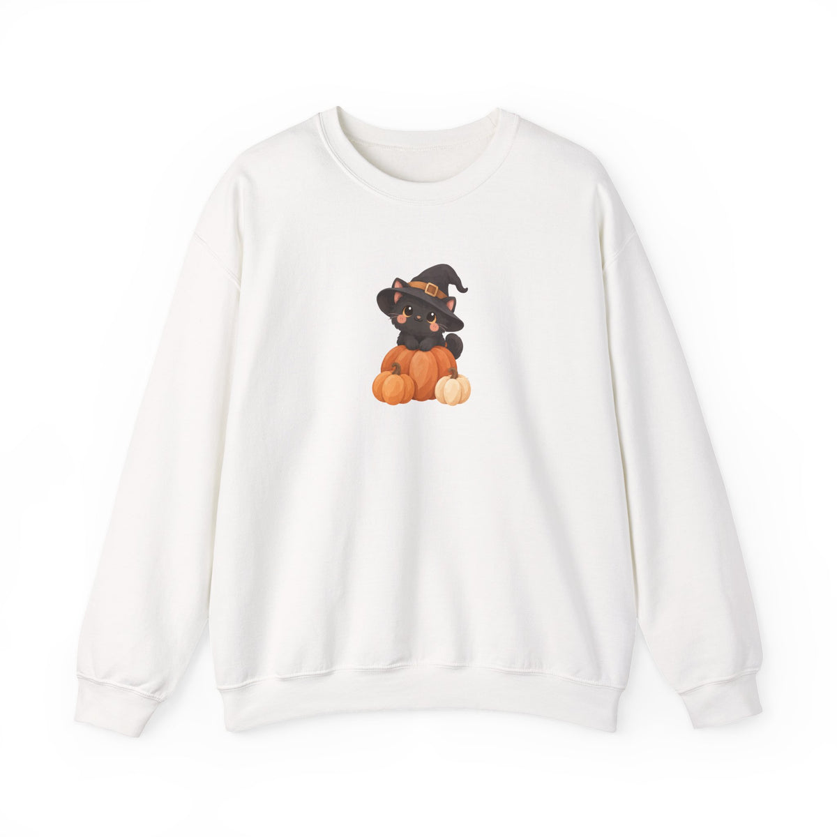 Black Kitten in Witch Hat Pumpkin Sweatshirt | Halloween Cat Crewneck