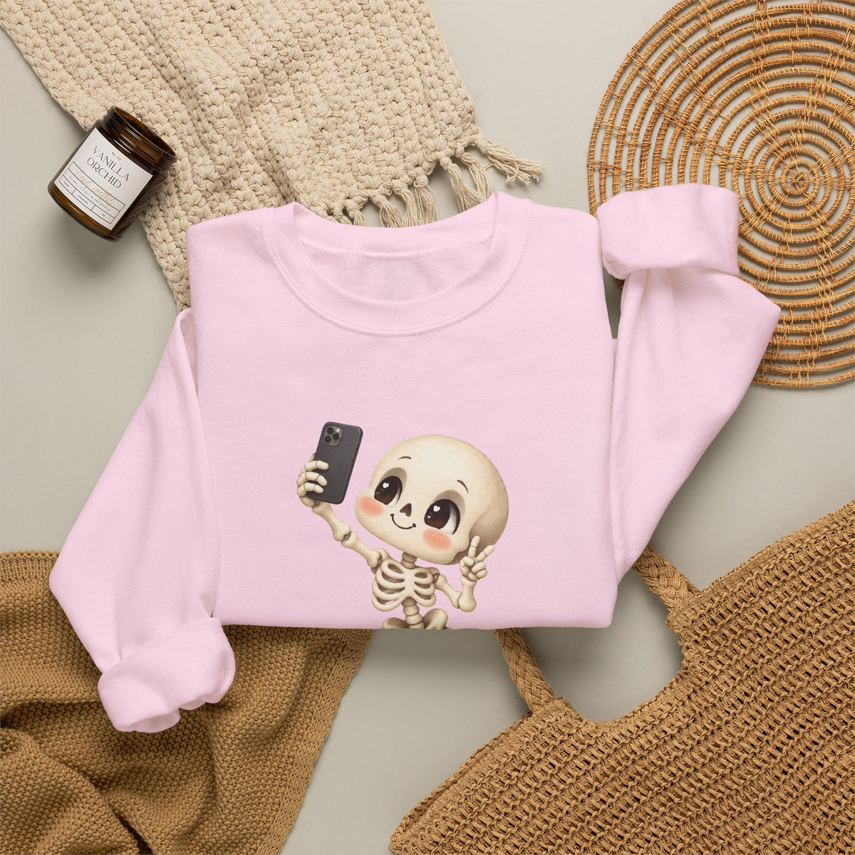 Cute Selfie Skeleton Sweatshirt | Kawaii Skull Cartoon Crewneck