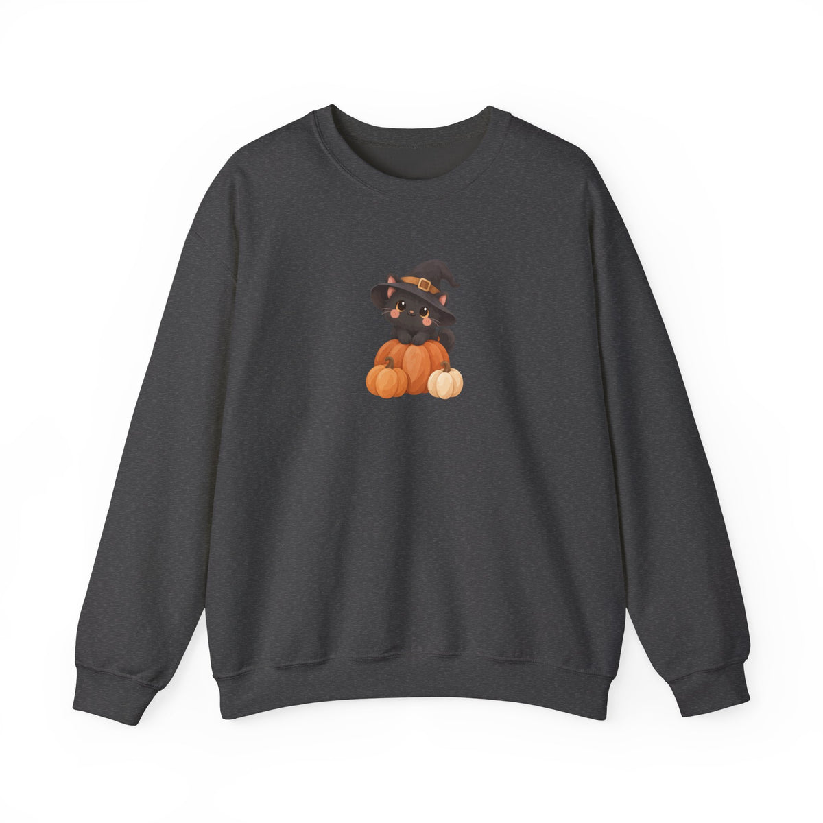 Black Kitten in Witch Hat Pumpkin Sweatshirt | Halloween Cat Crewneck