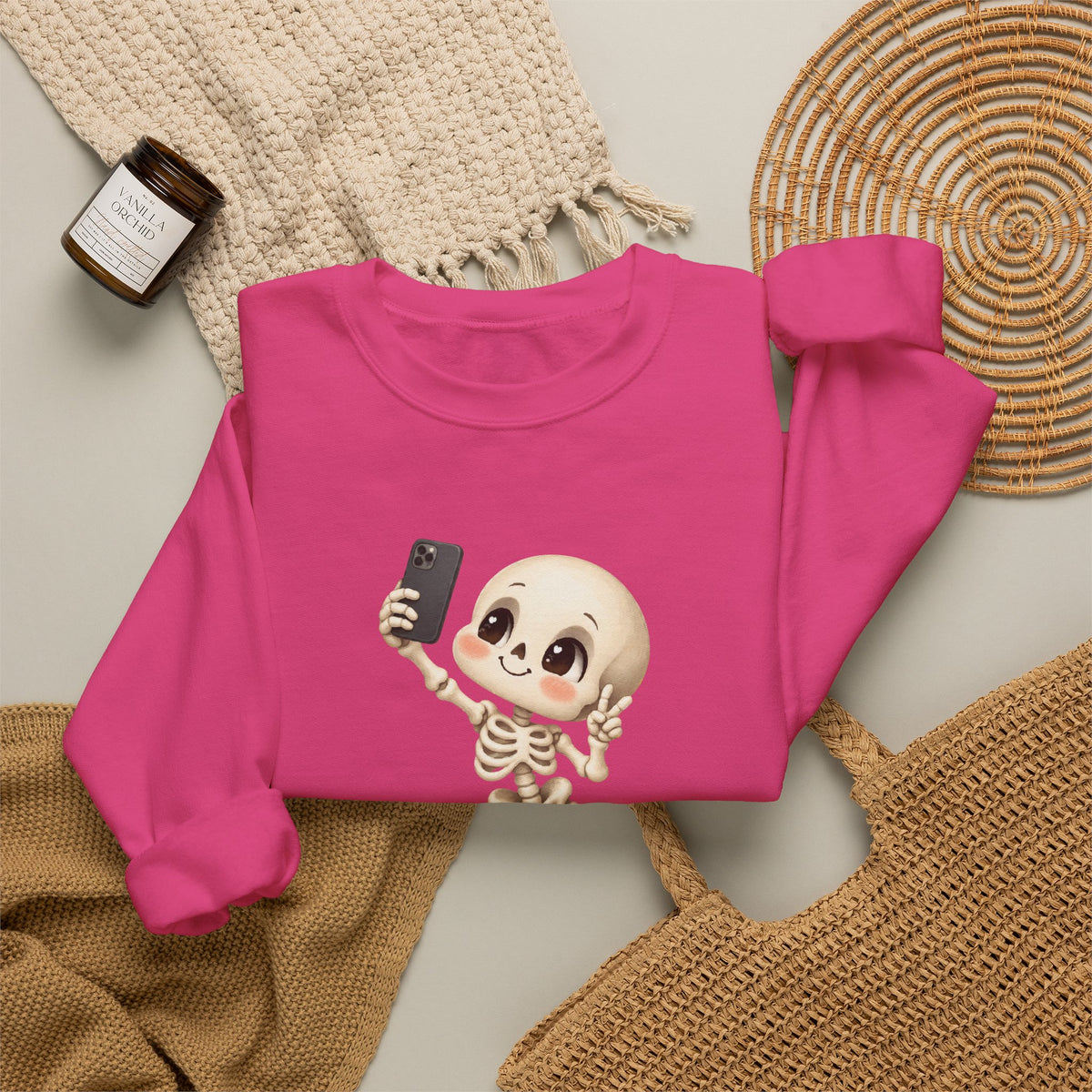 Cute Selfie Skeleton Sweatshirt | Kawaii Skull Cartoon Crewneck