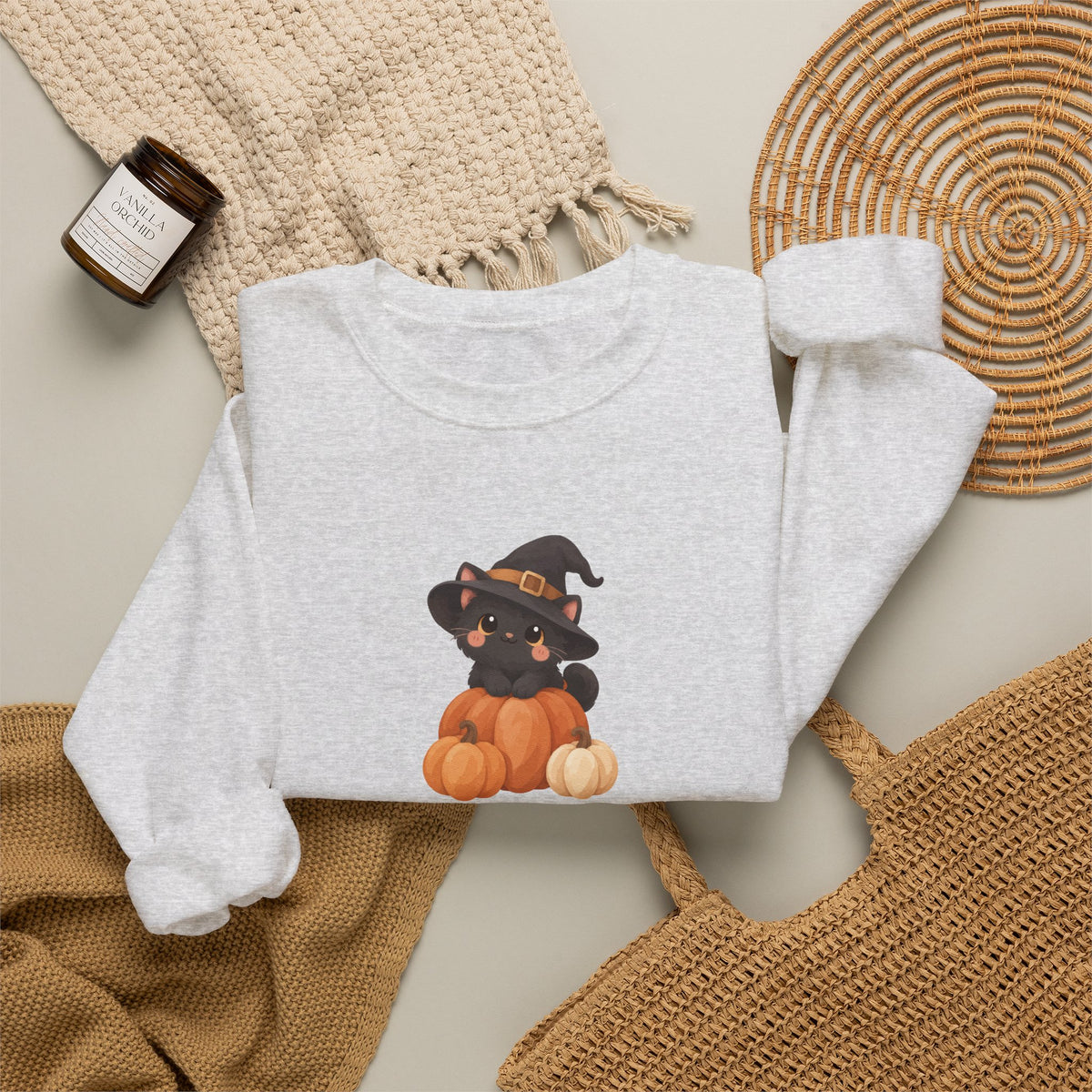 Black Kitten in Witch Hat Pumpkin Sweatshirt | Halloween Cat Crewneck