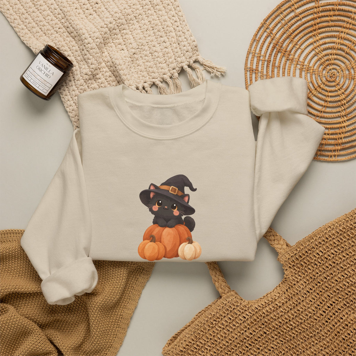 Black Kitten in Witch Hat Pumpkin Sweatshirt | Halloween Cat Crewneck