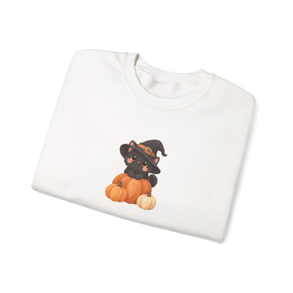 Black Kitten in Witch Hat Pumpkin Sweatshirt | Halloween Cat Crewneck