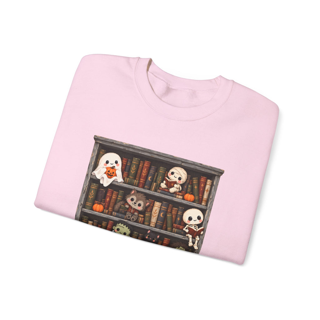 Cute Halloween Bookcase Crewneck Sweatshirt | Spooky Shelf Characters
