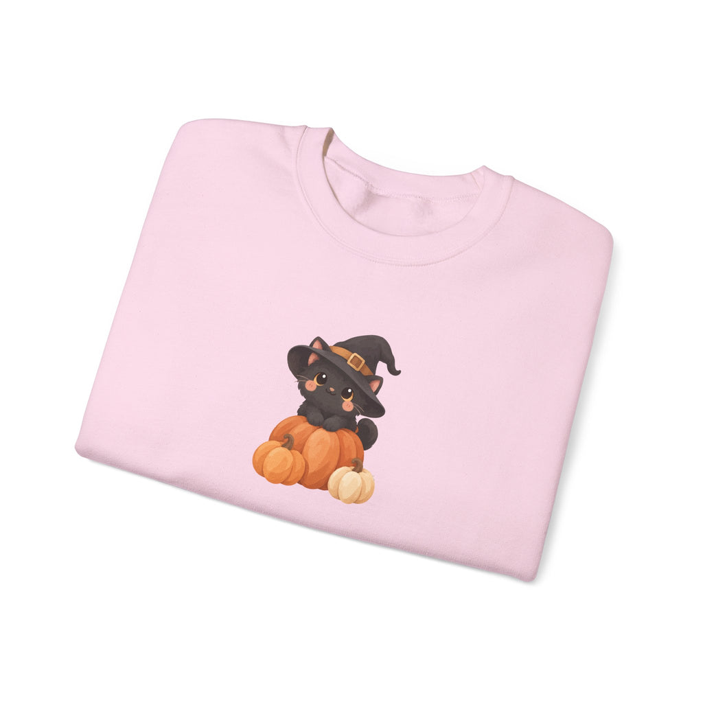 Black Kitten in Witch Hat Pumpkin Sweatshirt | Halloween Cat Crewneck