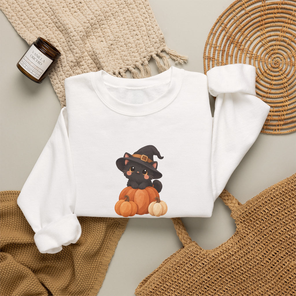 Black Kitten in Witch Hat Pumpkin Sweatshirt | Halloween Cat Crewneck