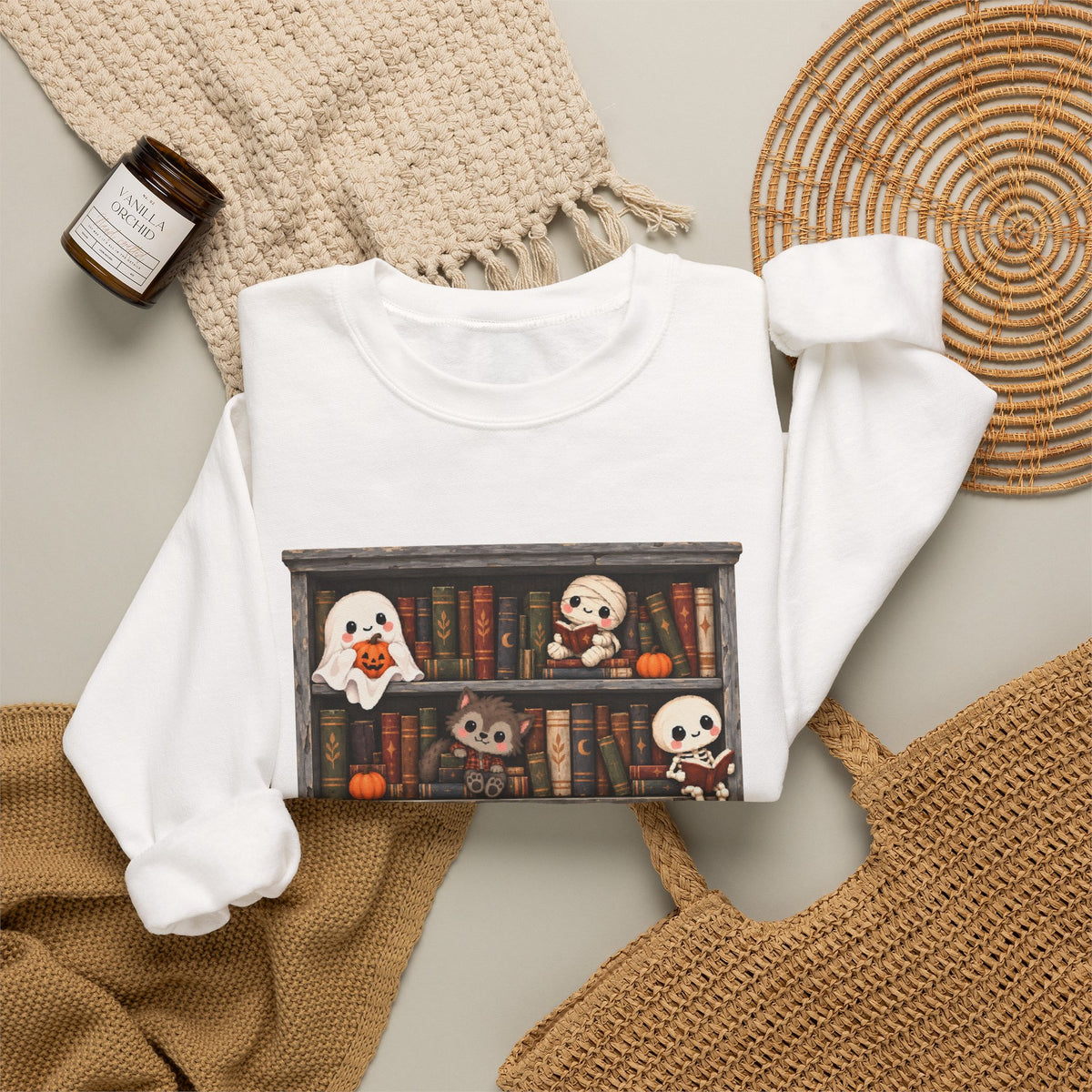 Cute Halloween Bookcase Crewneck Sweatshirt | Spooky Shelf Characters