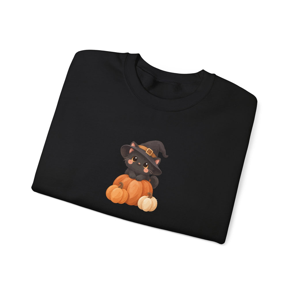 Black Kitten in Witch Hat Pumpkin Sweatshirt | Halloween Cat Crewneck