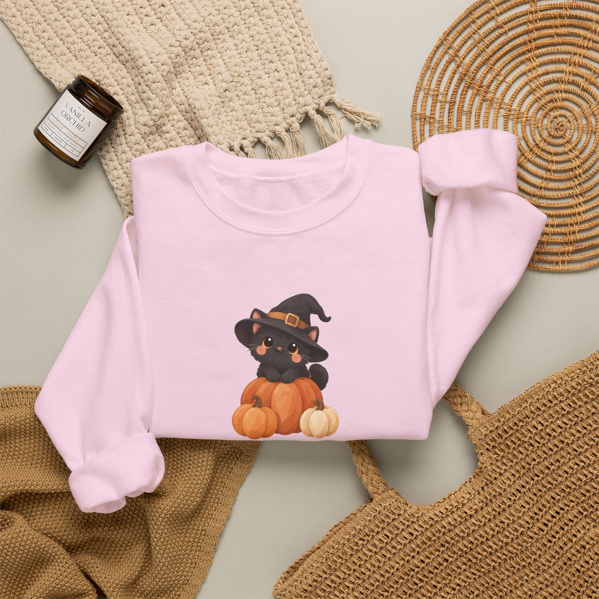 Black Kitten in Witch Hat Pumpkin Sweatshirt | Halloween Cat Crewneck
