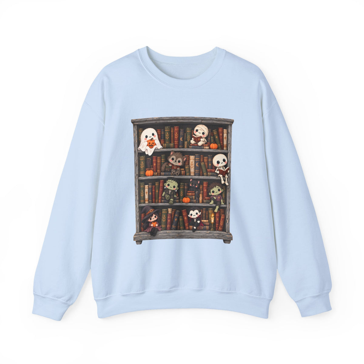 Cute Halloween Bookcase Crewneck Sweatshirt | Spooky Shelf Characters