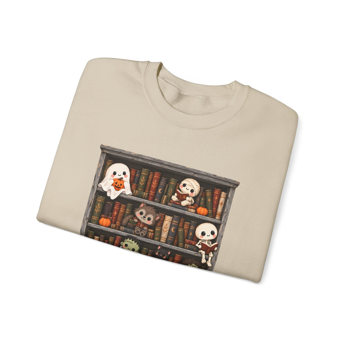 Cute Halloween Bookcase Crewneck Sweatshirt | Spooky Shelf Characters