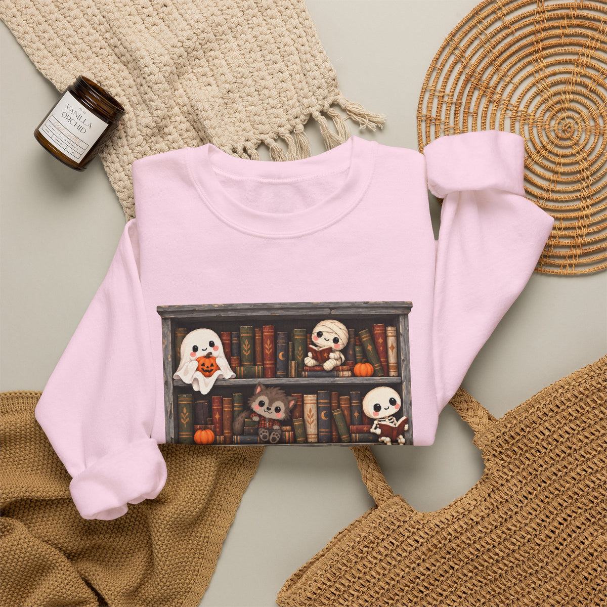Cute Halloween Bookcase Crewneck Sweatshirt | Spooky Shelf Characters