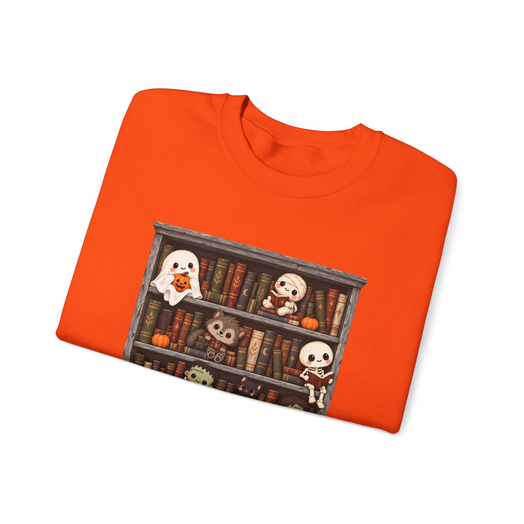 Cute Halloween Bookcase Crewneck Sweatshirt | Spooky Shelf Characters