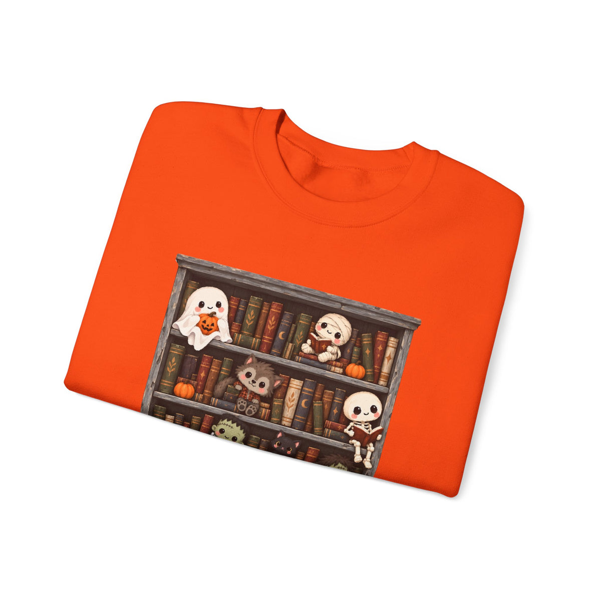 Cute Halloween Bookcase Crewneck Sweatshirt | Spooky Shelf Characters