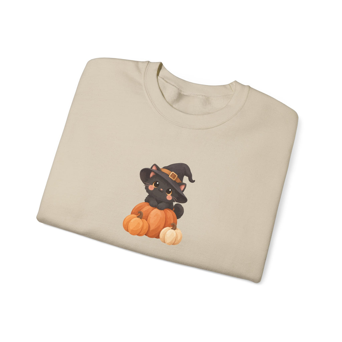 Black Kitten in Witch Hat Pumpkin Sweatshirt | Halloween Cat Crewneck