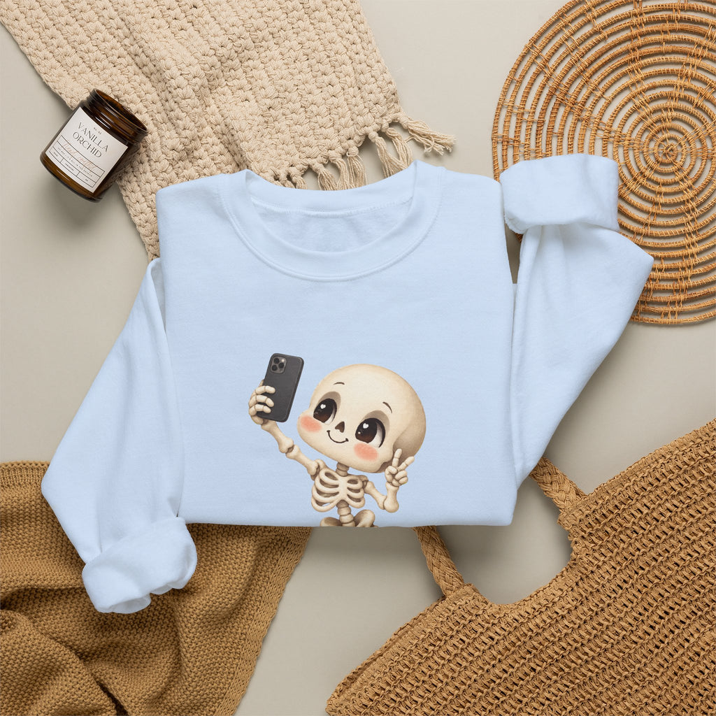 Cute Selfie Skeleton Sweatshirt | Kawaii Skull Cartoon Crewneck