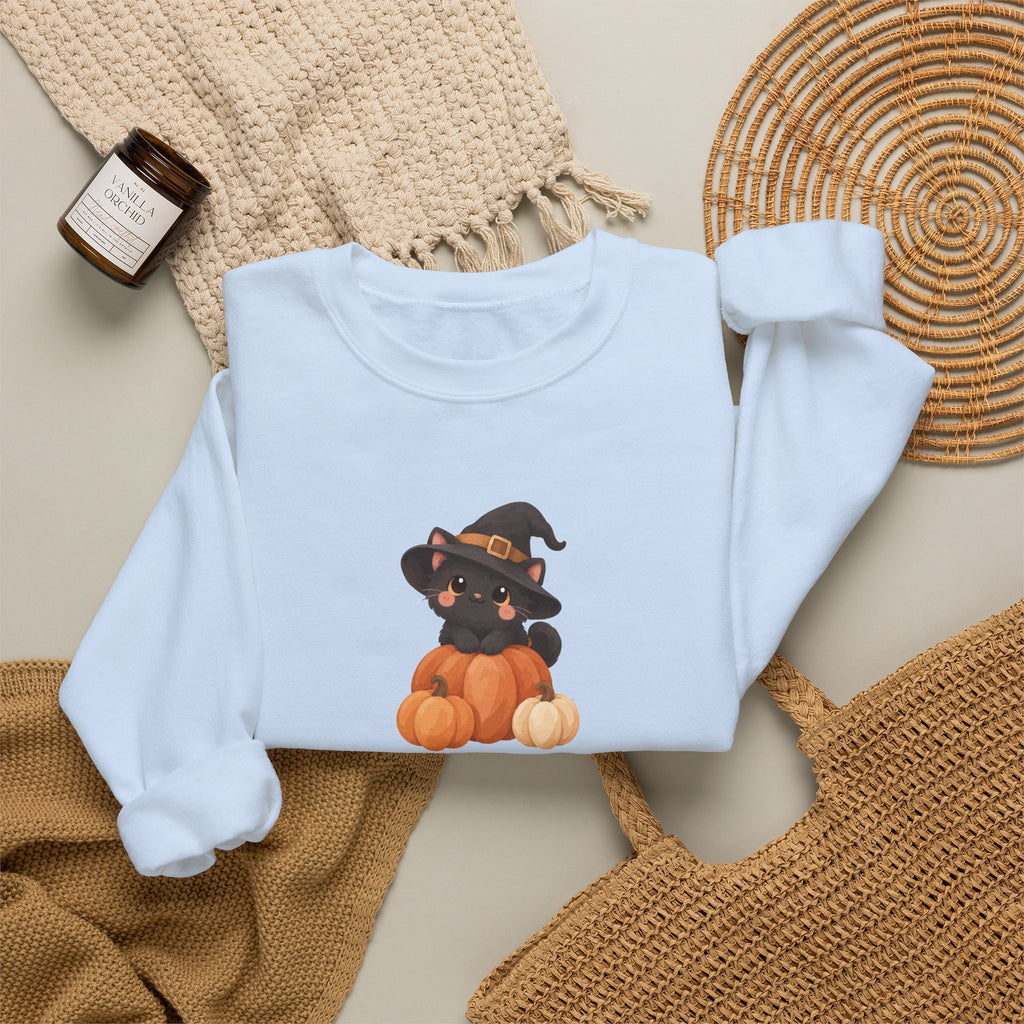 Black Kitten in Witch Hat Pumpkin Sweatshirt | Halloween Cat Crewneck