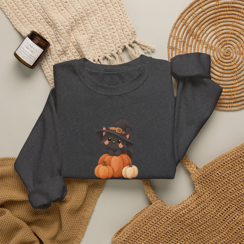 Black Kitten in Witch Hat Pumpkin Sweatshirt | Halloween Cat Crewneck