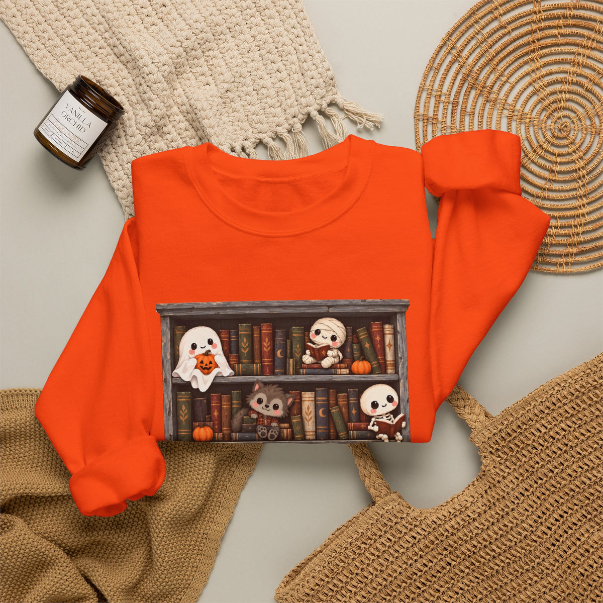Cute Halloween Bookcase Crewneck Sweatshirt | Spooky Shelf Characters