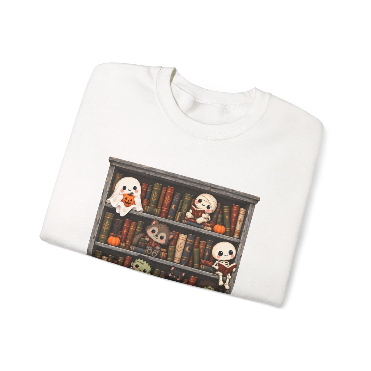 Cute Halloween Bookcase Crewneck Sweatshirt | Spooky Shelf Characters