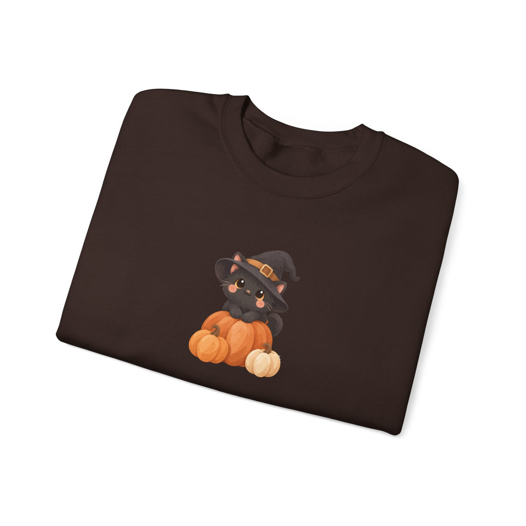 Black Kitten in Witch Hat Pumpkin Sweatshirt | Halloween Cat Crewneck