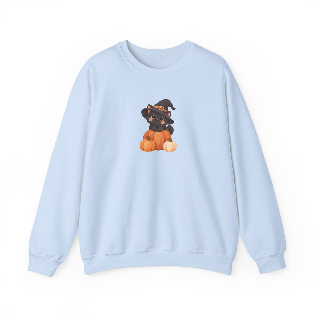 Black Kitten in Witch Hat Pumpkin Sweatshirt | Halloween Cat Crewneck