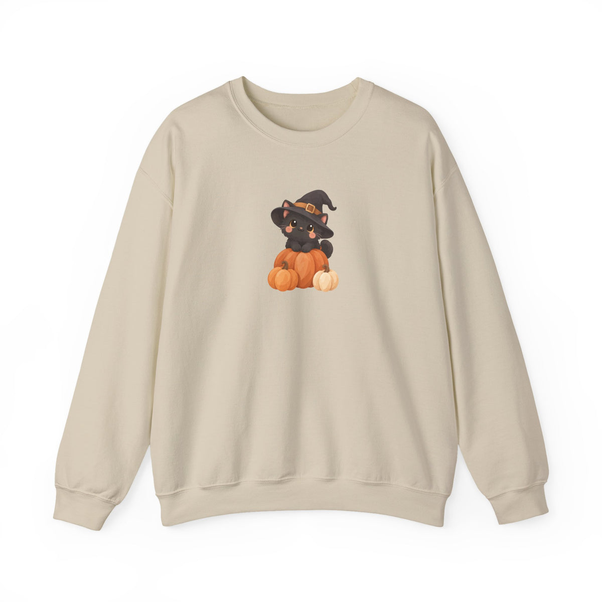 Black Kitten in Witch Hat Pumpkin Sweatshirt | Halloween Cat Crewneck