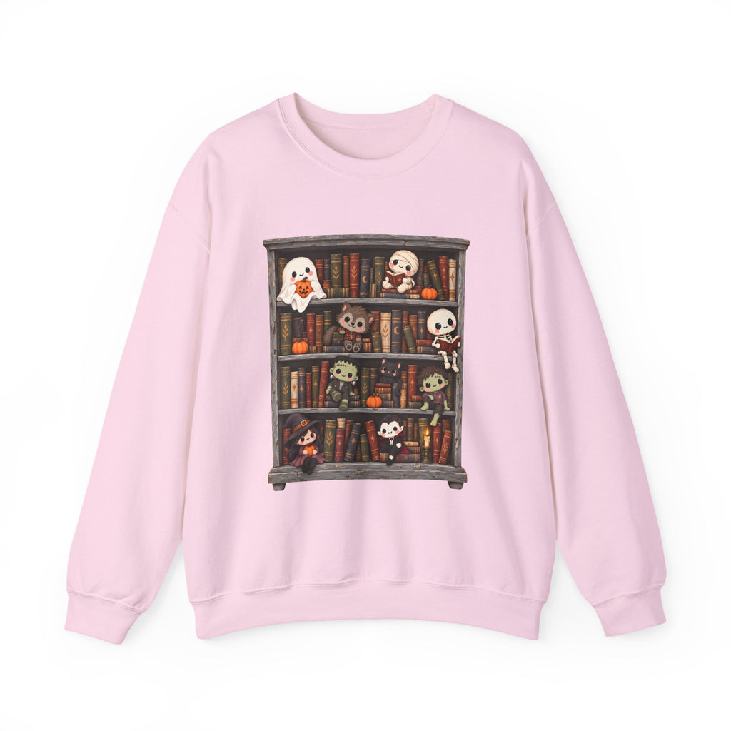 Cute Halloween Bookcase Crewneck Sweatshirt | Spooky Shelf Characters