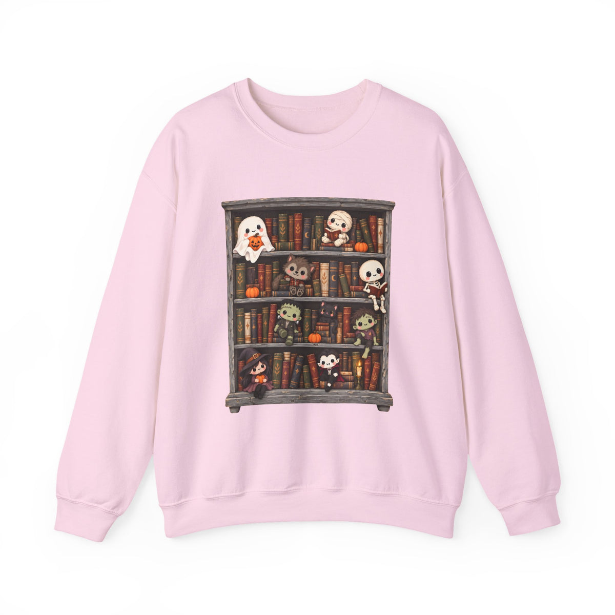 Cute Halloween Bookcase Crewneck Sweatshirt | Spooky Shelf Characters