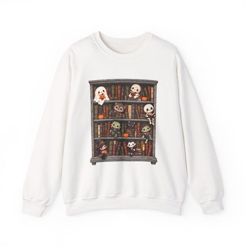 Cute Halloween Bookcase Crewneck Sweatshirt | Spooky Shelf Characters