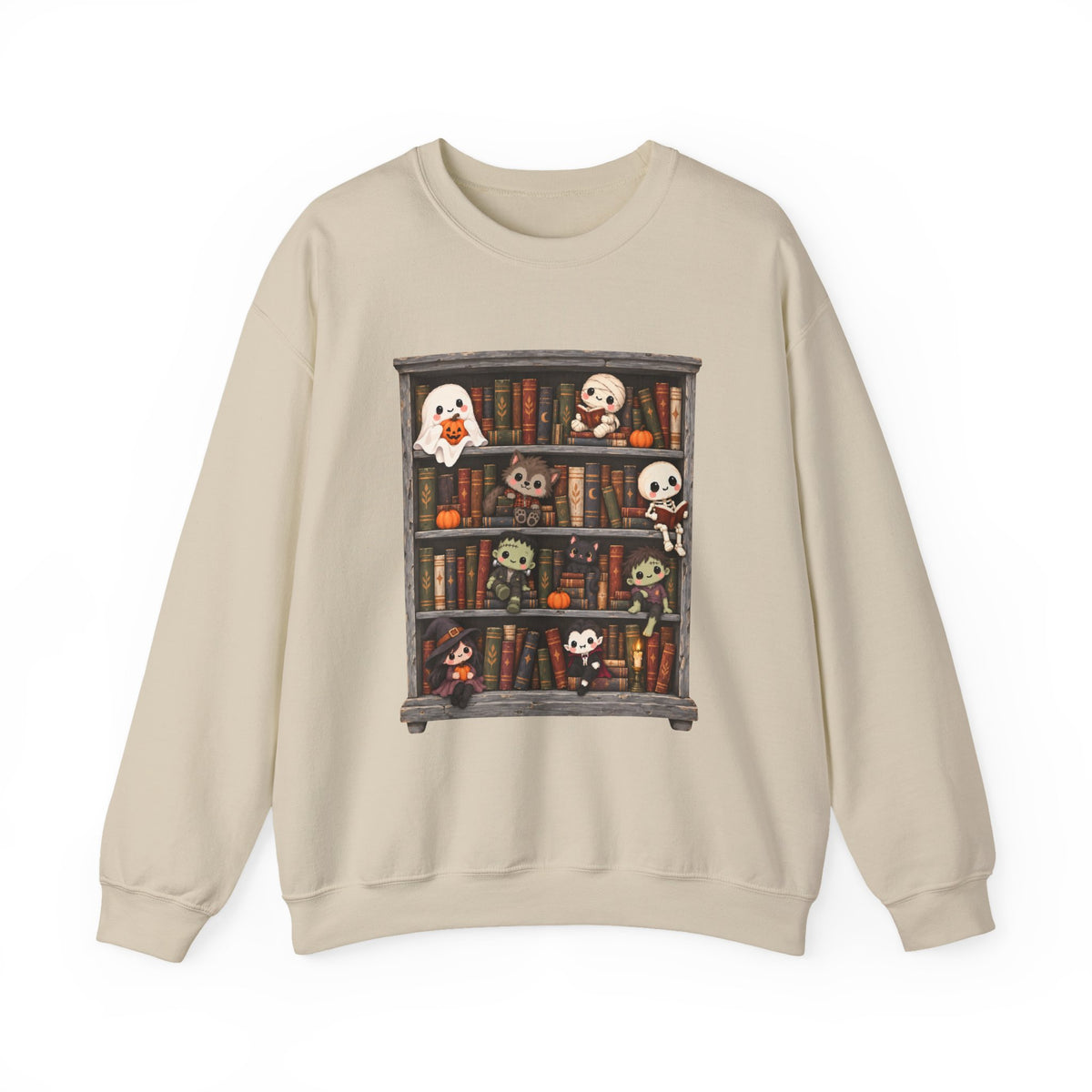 Cute Halloween Bookcase Crewneck Sweatshirt | Spooky Shelf Characters