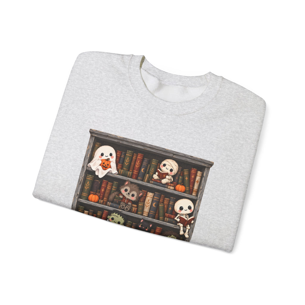 Cute Halloween Bookcase Crewneck Sweatshirt | Spooky Shelf Characters