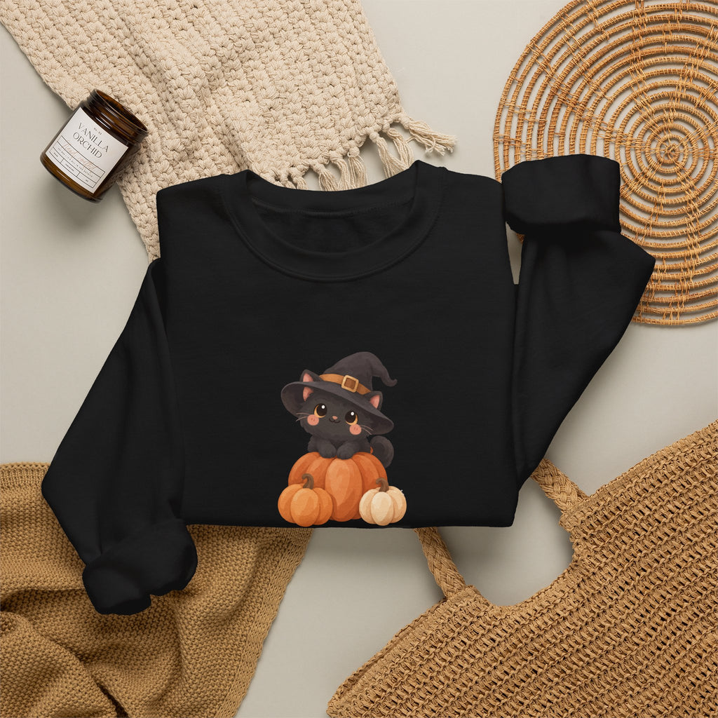 Black Kitten in Witch Hat Pumpkin Sweatshirt | Halloween Cat Crewneck