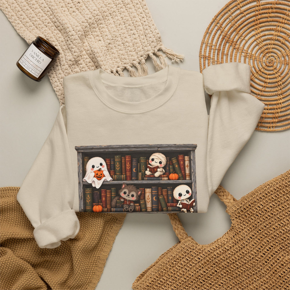 Cute Halloween Bookcase Crewneck Sweatshirt | Spooky Shelf Characters